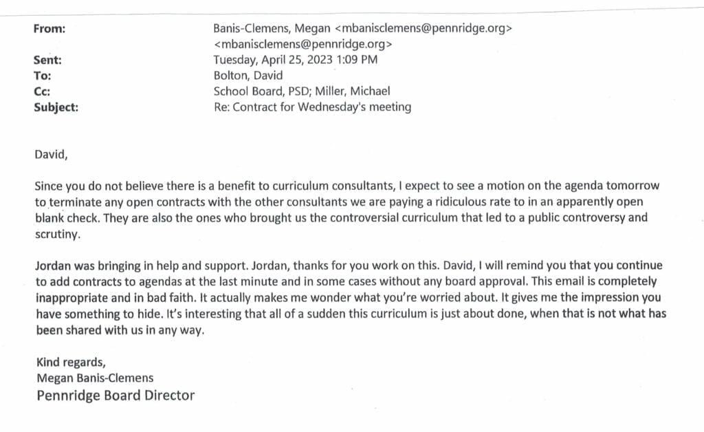 BClemens to Bolton06112023 1 - Bucks County Beacon - Right-To-Know Documents Highlight Pennridge Superintendent’s Pushback Against Vermilion Education Contract, Hillsdale 1776 Curriculum