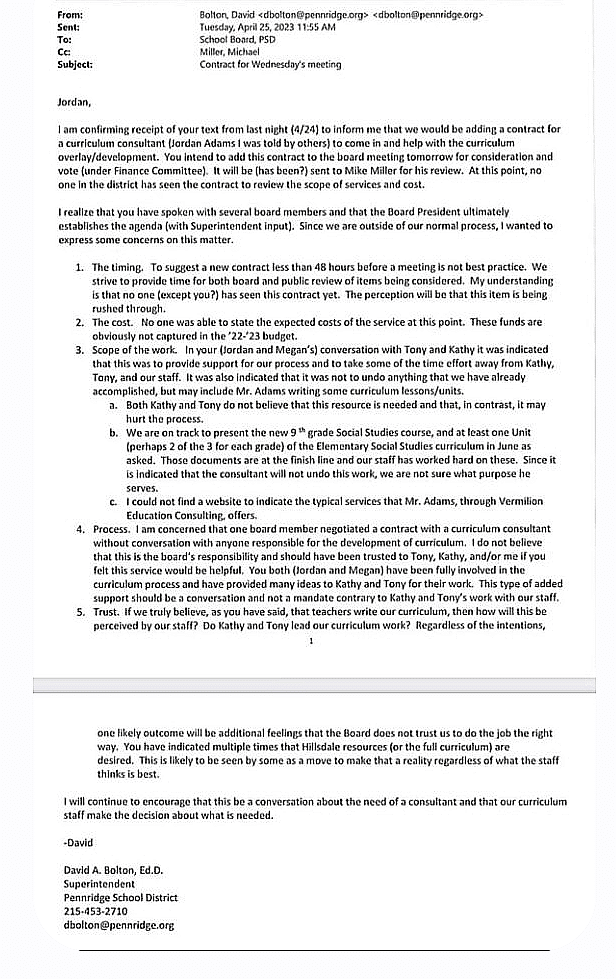 Screenshot 20230611 165151 - Bucks County Beacon - Right-To-Know Documents Highlight Pennridge Superintendent’s Pushback Against Vermilion Education Contract, Hillsdale 1776 Curriculum