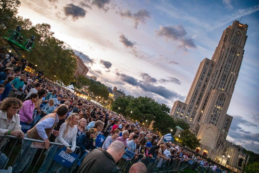 Fans3 Emhoff Stipe Isbell Pittsburgh Scherner Plaza 10 4 2430 - Bucks County Beacon - Photo Essay: Michael Stipe and Jason Isbell Play Free Concert in Pittsburgh to Support the Harris-Walz Campaign