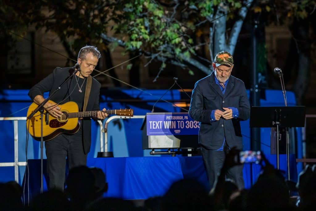 Jason Michael Emhoff Stipe Isbell Pittsburgh Scherner Plaza 10 4 2443 - Bucks County Beacon - Photo Essay: Michael Stipe and Jason Isbell Play Free Concert in Pittsburgh to Support the Harris-Walz Campaign