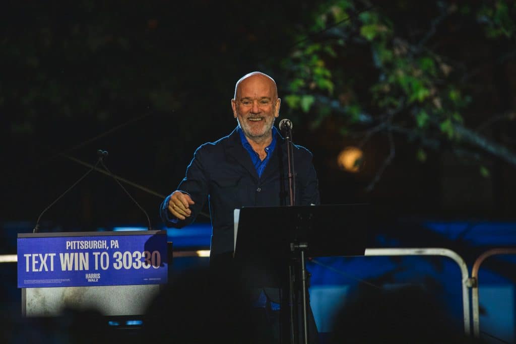 Michael Stipe Emhoff Stipe Isbell Pittsburgh Scherner Plaza 10 4 2447 - Bucks County Beacon - Photo Essay: Michael Stipe and Jason Isbell Play Free Concert in Pittsburgh to Support the Harris-Walz Campaign