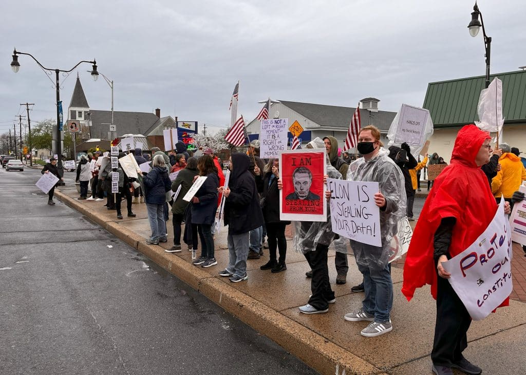 Red Musk Centered Sign Street View 4 - Bucks County Beacon - Photo Essay: ‘Hands Off’ Quakertown Rally Draws 1,000 Protesters