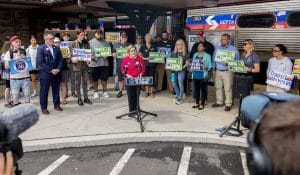 PA State Senator Maria Collett (D-12 Montgomery, Democratic Caucus Chair) rallied with State Representative Steve Malagari (D-53 Montgomery), Lansdale Borough Councilwoman Rachael Bollens, Transit for All PA!’s Connor Descheemaker, and community members at the Lansdale Train Station on Wednesday morning. Photo courtesy of State Senator Collett.